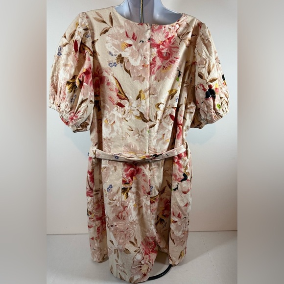 Express Floral Linen Blend Romper XL NWT Puff Sleeve Belted Lined Crochet $118 - Picture 4 of 11